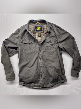 CAT Caterpillar Men’s S Gray Work Jacket Plaid Lined Snap Front Utility